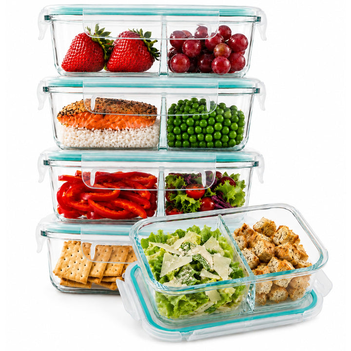 Winter Shore Meal Prep Boxen Glas mit 2 Fächern (5er-Pack) - Lebensmittelsichere, BPA-Freie, Auslauf