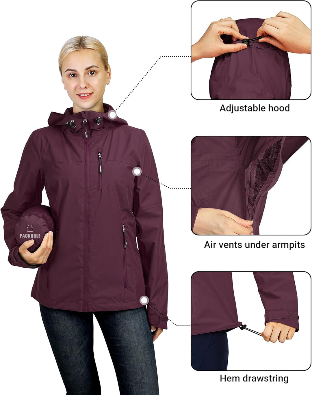 Outdoor Ventures Damen Regenjacke 10000MM Wasserdicht Leichte Gefüttert Packbar Sportjacke Funktions