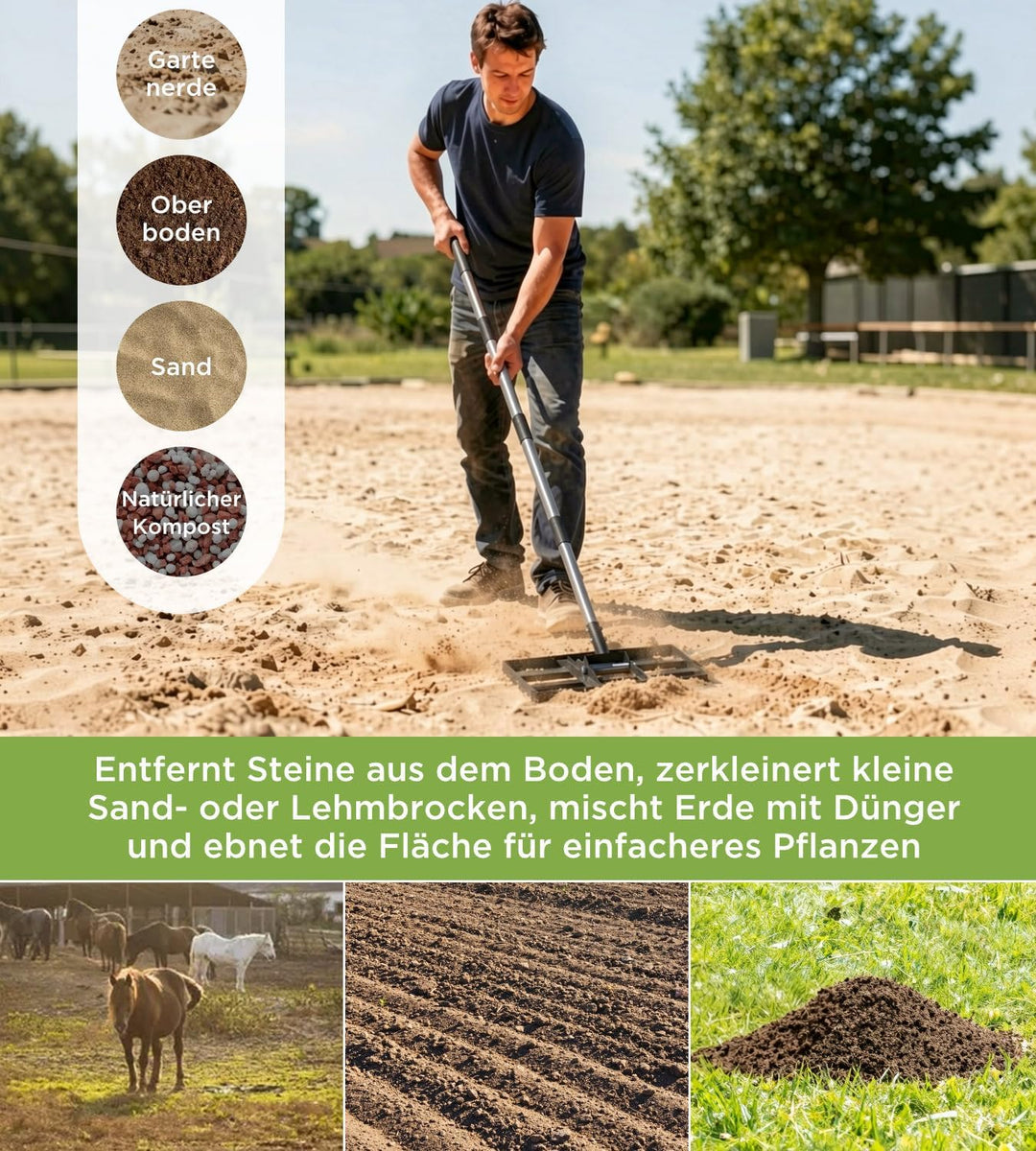 Rasenrakel 43x25cm mit Verstellbarem 180cm Langem Edelstahlstiel, Robuster & Kraftsparender Garten R
