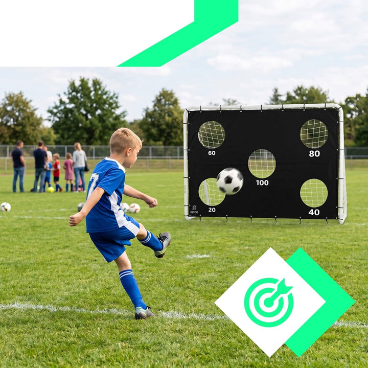 Retoo Fussballtor mit Zielwand, 240x170x85 cm Stahlrahmen, klappbar, PE-Netz | 20/60/80/100 Punkte,