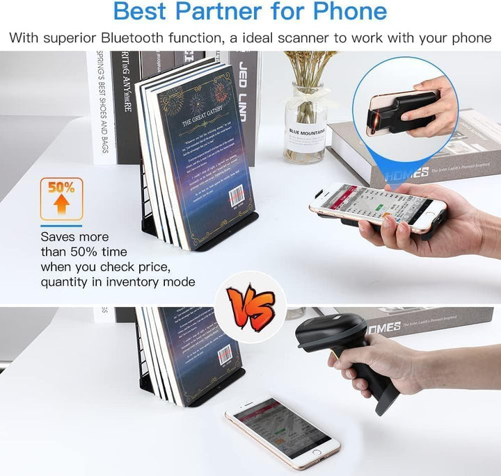 Eyoyo 2D Bluetooth Barcode Scanner, Kabelloser 1D QR Barcode Leser mit Rückenclip für Mobilgeräte, A