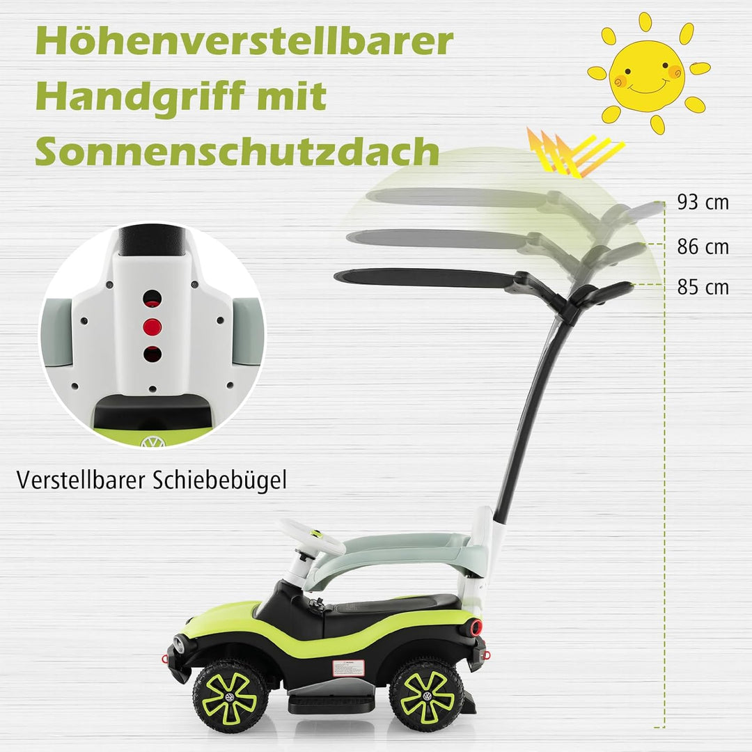 DREAMADE Rutschauto für Kinder, Volkswagen Rutscher mit 3-stufig Verstellbarem Schiebegriff, Verdeck
