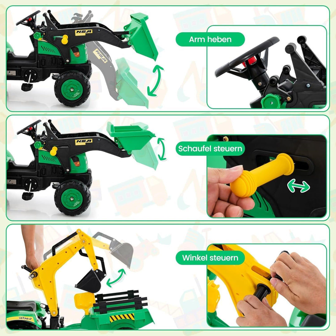DREAMADE Trettraktor, Kindertraktor mit Anhänger & Schaufel & Frontlader, Kinderbagger Sitzbagger mi