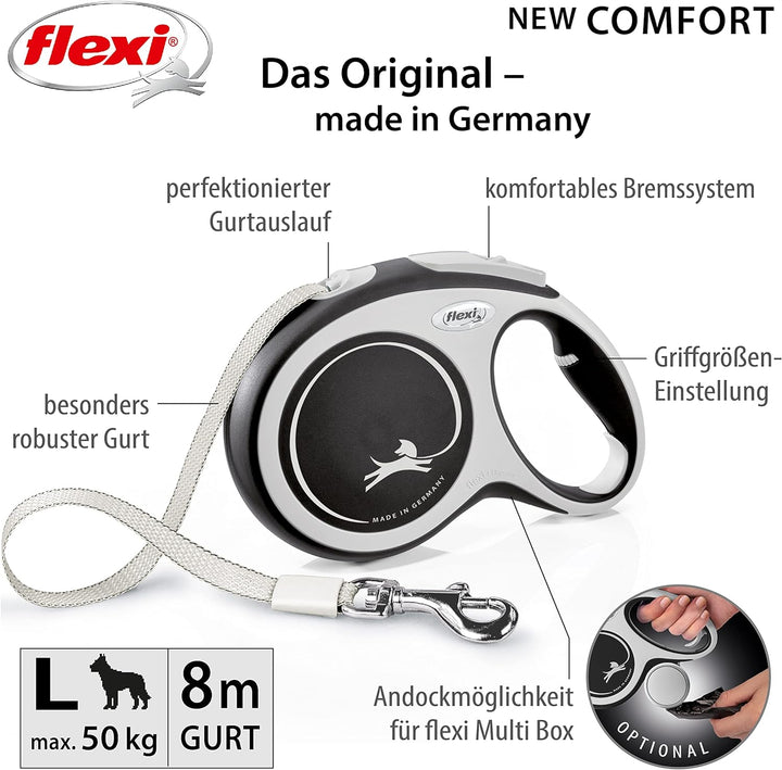 Flexi - Rollschnur New Comfort Band - 8 Meter Langes Kabel bis 50 kg - Schwarz - 1 Stück, Large Sing