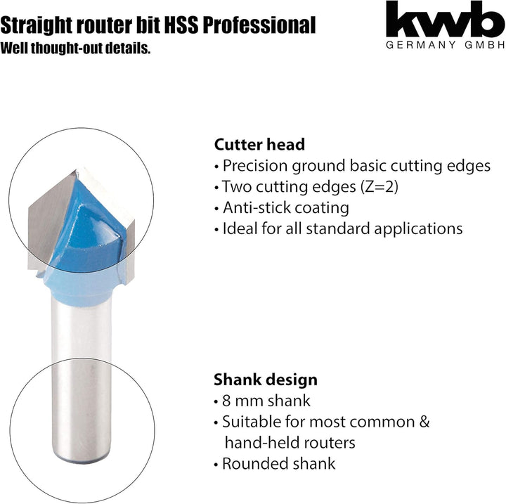 kwb V-Nutfräser Ø 14 mm, hartmetallbestückt mit präzisem Spannschaft und optimierter Schneidengeomet
