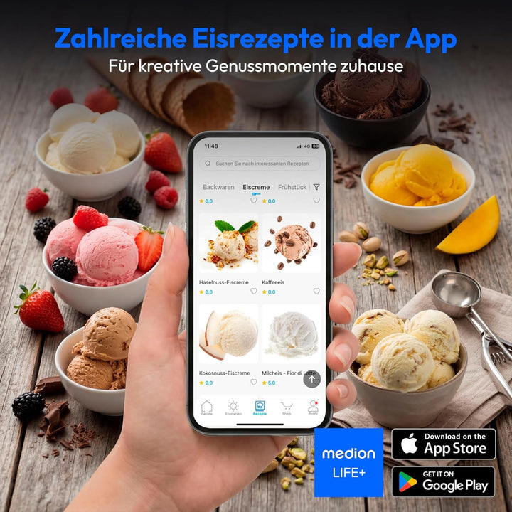 MEDION Eismaschine MD 100087, Kapazität für 1,5 L Eis, kein Vorkühlen notwendig, LED-Display mit Sen
