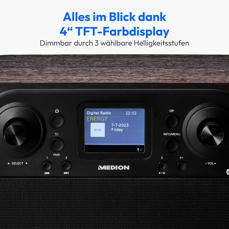 MEDION P66700 DAB+ Radio (DAB Plus UKW Radiowecker, dimmbares TFT Farb Display, Bluetooth, 12/24 Std