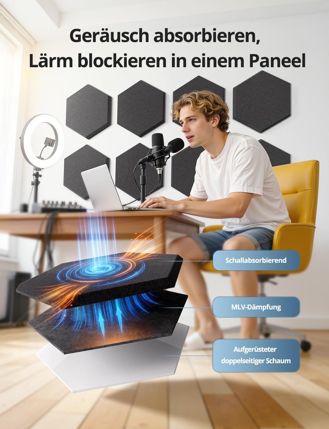 Kuchoow Akustikpaneele Hexagon Selbstklebend mit MLV Schalldämmung 12 Stück Wand Schwarz für Zimmer,