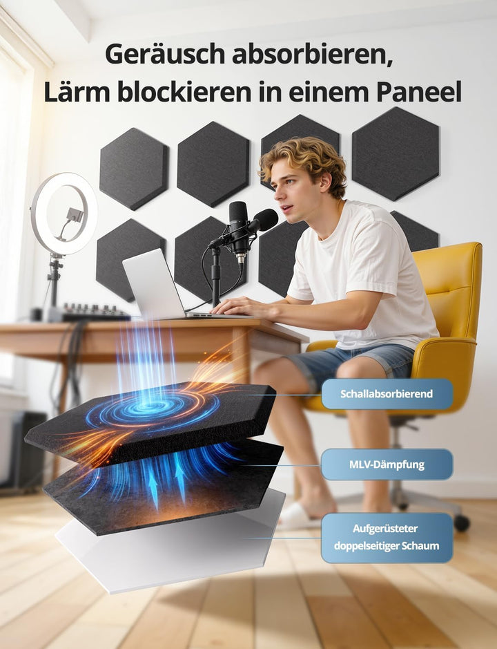 Kuchoow Akustikpaneele Hexagon Selbstklebend mit MLV Schalldämmung 12 Stück Wand Schwarz für Zimmer,