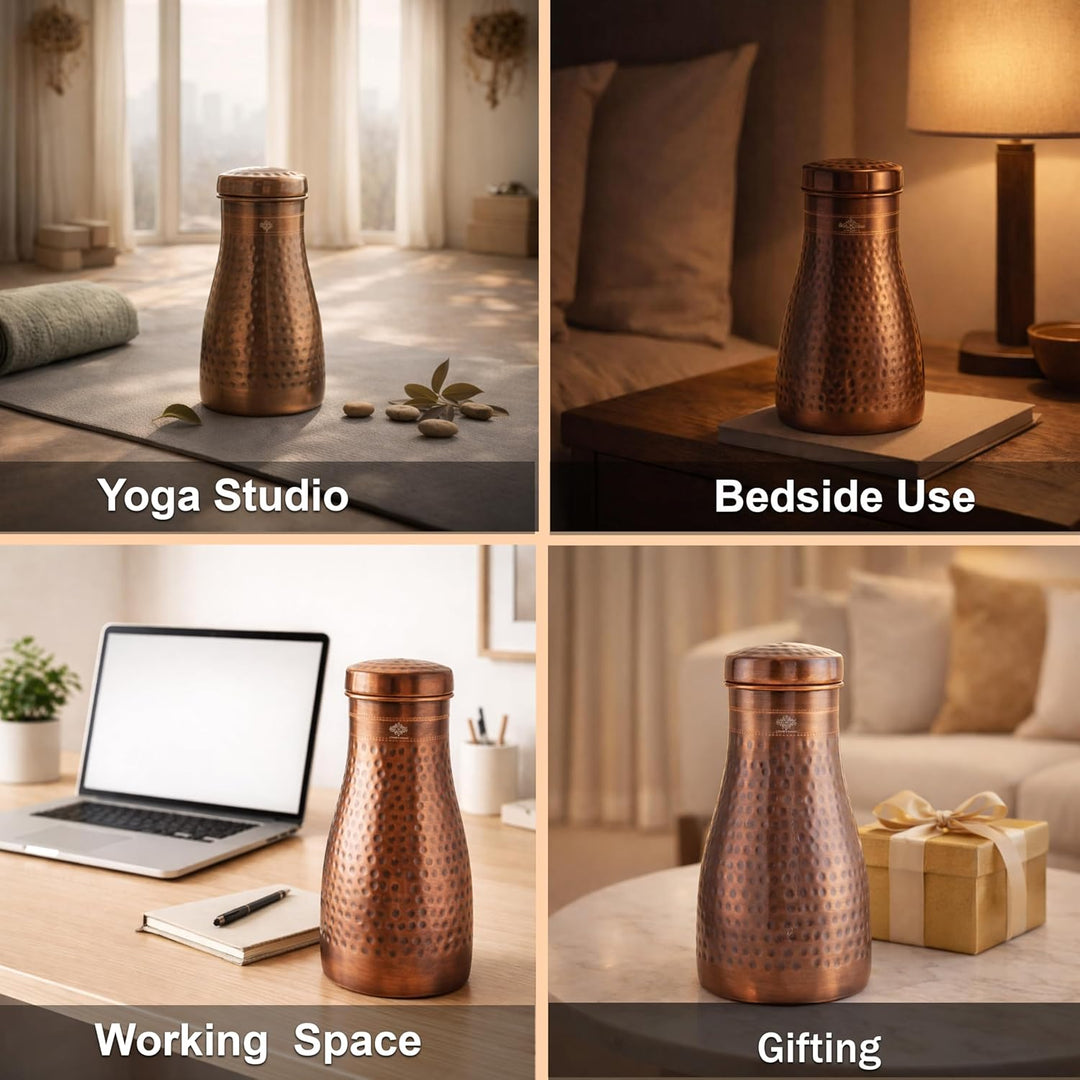 INDIAN ART VILLA Pure Copper Schlafzimmer Wasserflasche mit eingebautem Glas, gehämmertes Antik-Desi