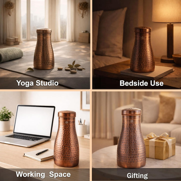 INDIAN ART VILLA Pure Copper Schlafzimmer Wasserflasche mit eingebautem Glas, gehämmertes Antik-Desi