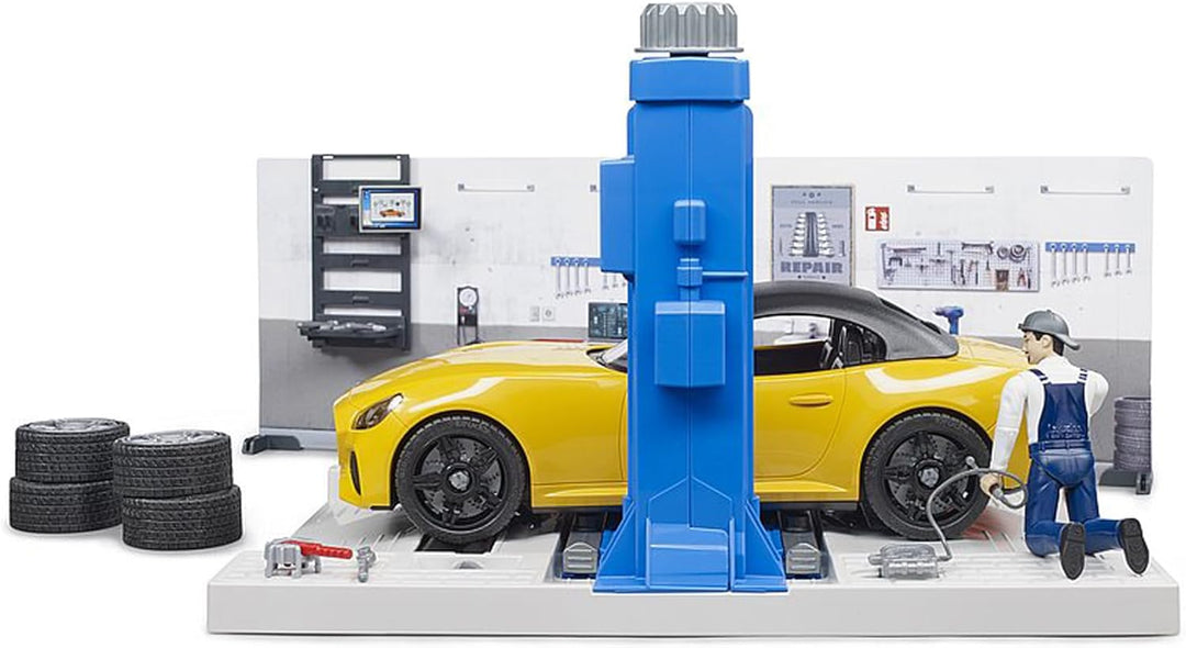 bruder 62110 - Bworld PKW-Werkstatt inklusive Roadster - 1:16 Auto-Werkstatt Mechaniker Spielzeug-Fi