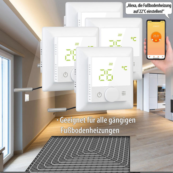 revolt Thermostat Elesion: 4er-Set WLAN-Fussbodenheizungs-Thermostat. Sprachsteuerung, App, weiss (R
