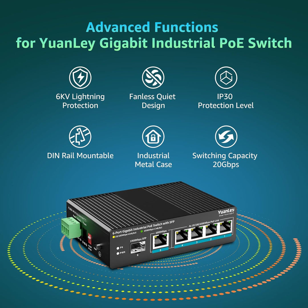 YuanLey 6-Port Industrie-Switch mit 4-Port PoE Gigabit, 1x 1000Mbps Uplink, 1x SFP Port, Unmanaged D