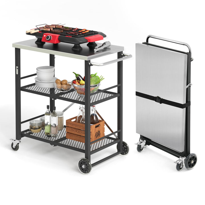 LUE BONA Grillwagen Zusammenklappbar,Grilltisch mit 2 Ablagen,Outdoorküche Beistelltisch auf Rädern,