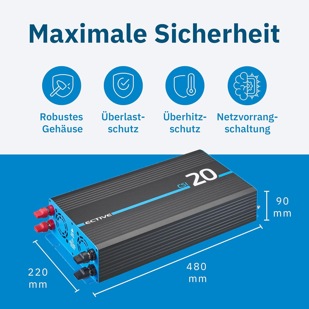 ECTIVE Reiner Sinsus Wechselrichter CSI 20-2000W, 12V auf 230V, USB, USV Funktion, Überhitzungsschut