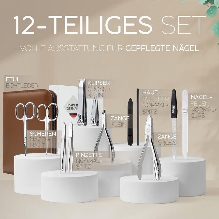 marQus Solingen Maniküre Set - 12 Teile in Echt Leder Etui handlich und weich - Komplettes Kit mit a