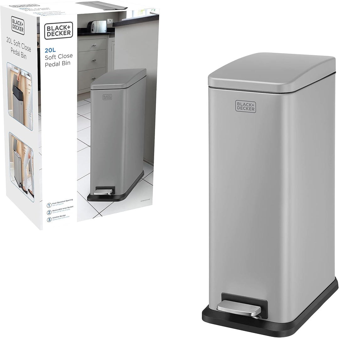 BLACK+DECKER BXBN00014E Slimline Treteimer mit sanft schliessendem Deckel, Edelstahl, 56 x 22 x 36 c