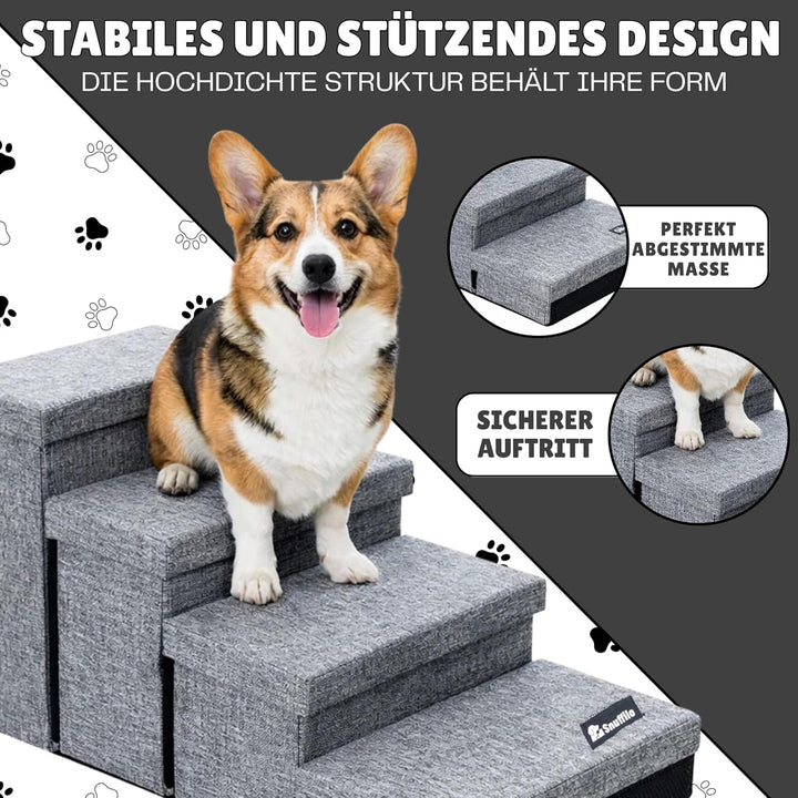 Hundetreppe mit 4 Aufbewahrungsboxen | mit Rampenfunktion | Faltbare Haustier rutschfeste Sicherheit