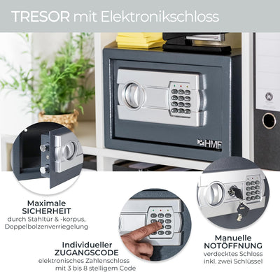 HMF 4612812 Tresor, Möbeltresor A4 Ordner, Elektronikschloss, 36,0 x 48,0 x 37,0 cm, anthrazit 36 x