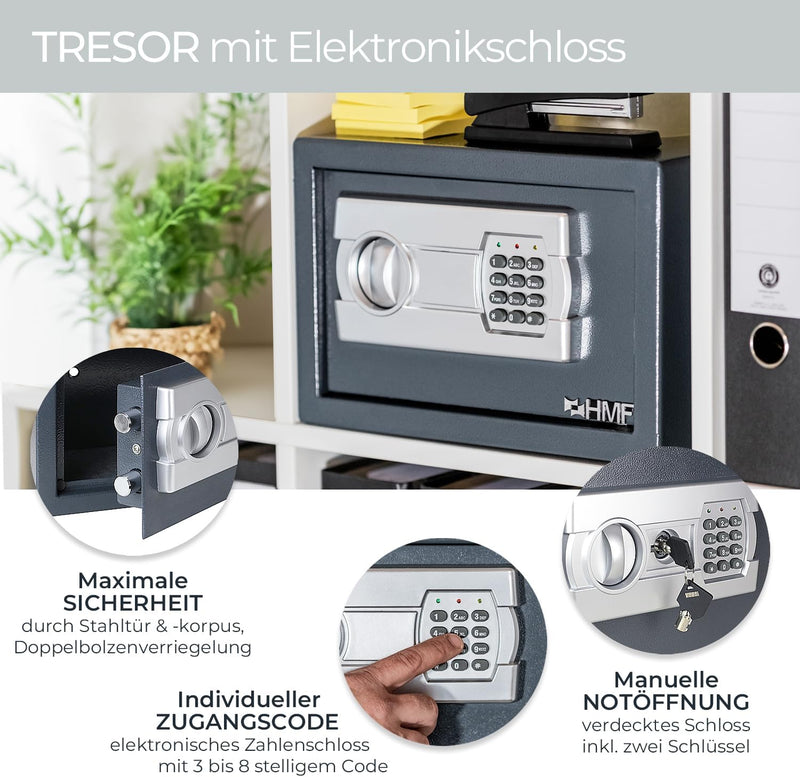 HMF Tresor passend für 15 Zoll Laptop und Ordner, Möbeltresor Laptopsafe Safe 450 x 250 x 365 mm