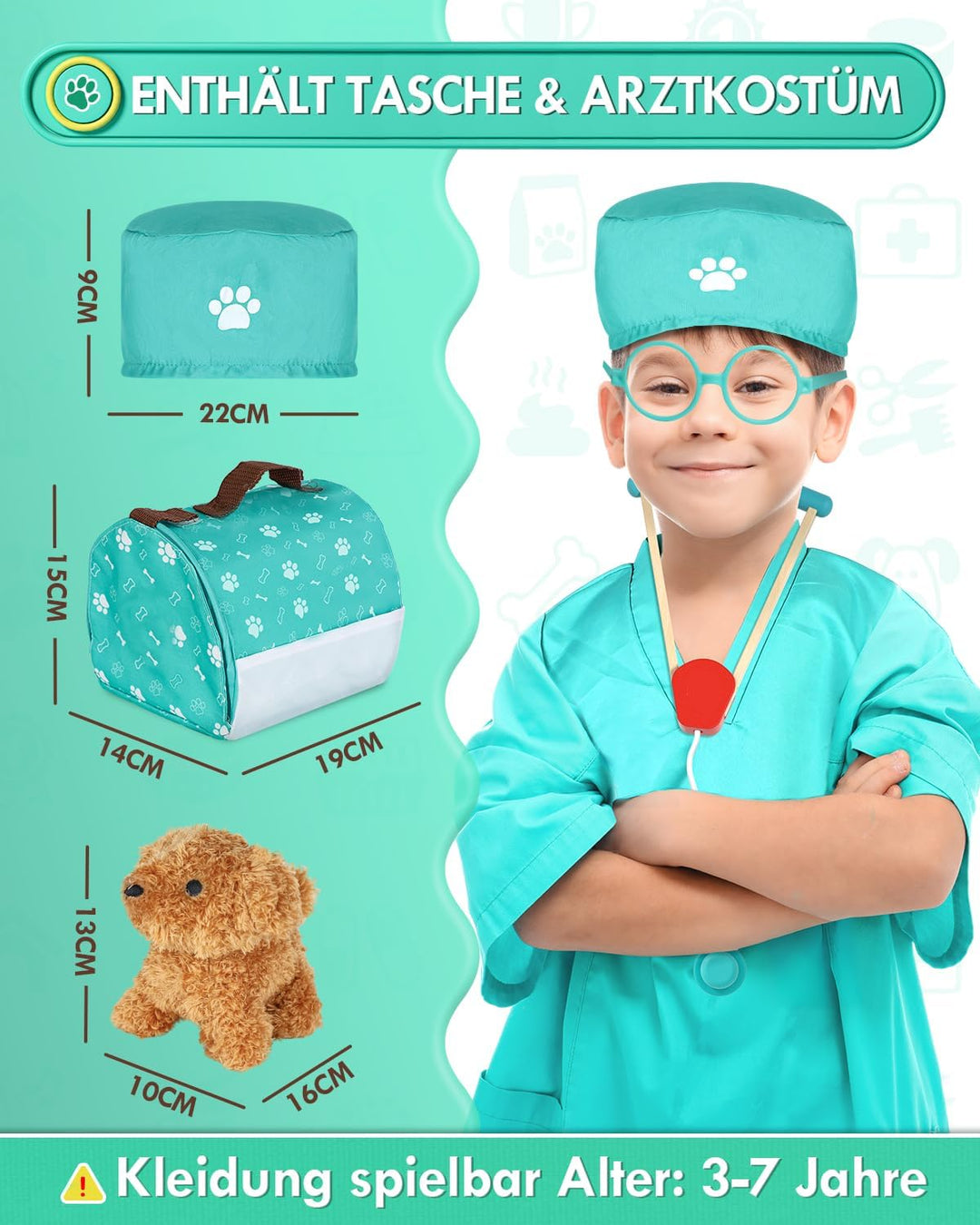 Arztkoffer Kinder Holz, Tierarzt Spielzeug Kinder, Doktorkoffer mit Kleidung und Hut, Arztkoffer Rol