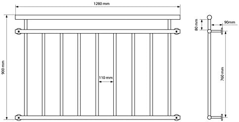 ECD Germany Französischer Balkon 128 x 90 cm | mit 9 Füllstäben | Anthrazit | matt und rau | aus pul