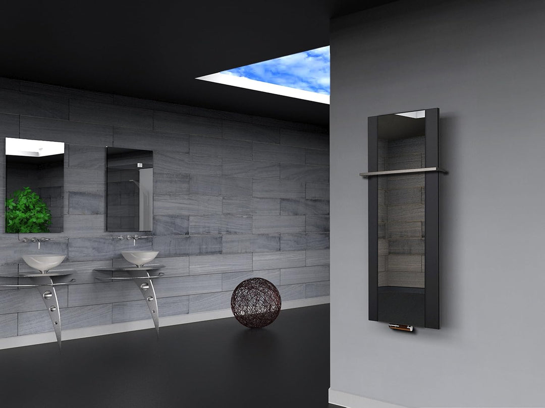 BADHEIZKÖRPER mit Spiegel Design Singapur 2 120x47cm 799 Watt schwarz (+1 Halter 15mm) SZAGATO Handt