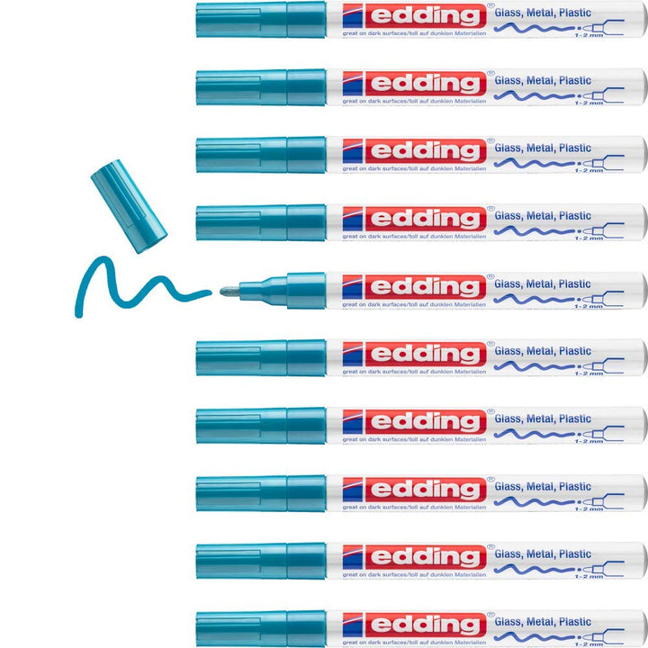 edding 751 Glanzlackmarker - hellblau - 10 Lackmarker - Rundspitze 1-2 mm - Lackstift für Glas, Stei