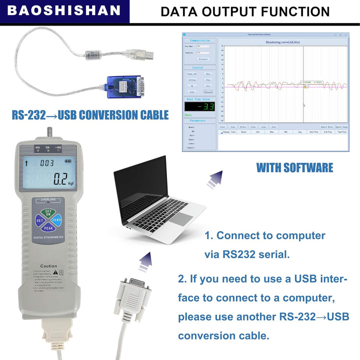 BAOSHISHAN Digitaler KraftMessgerät 500N Push-Pull-Messgerät mit USB-RS232-Schnittstelle LCD-Kraftme