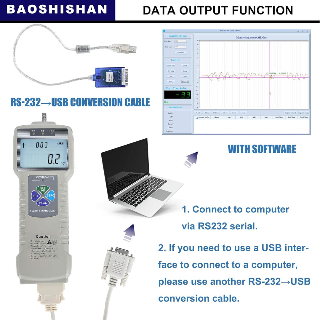 BAOSHISHAN Digitaler Kraftmesser Push-Pull-Messgerät-Tester mit USB-RS232-Schnittstelle LCD-Kraftmes