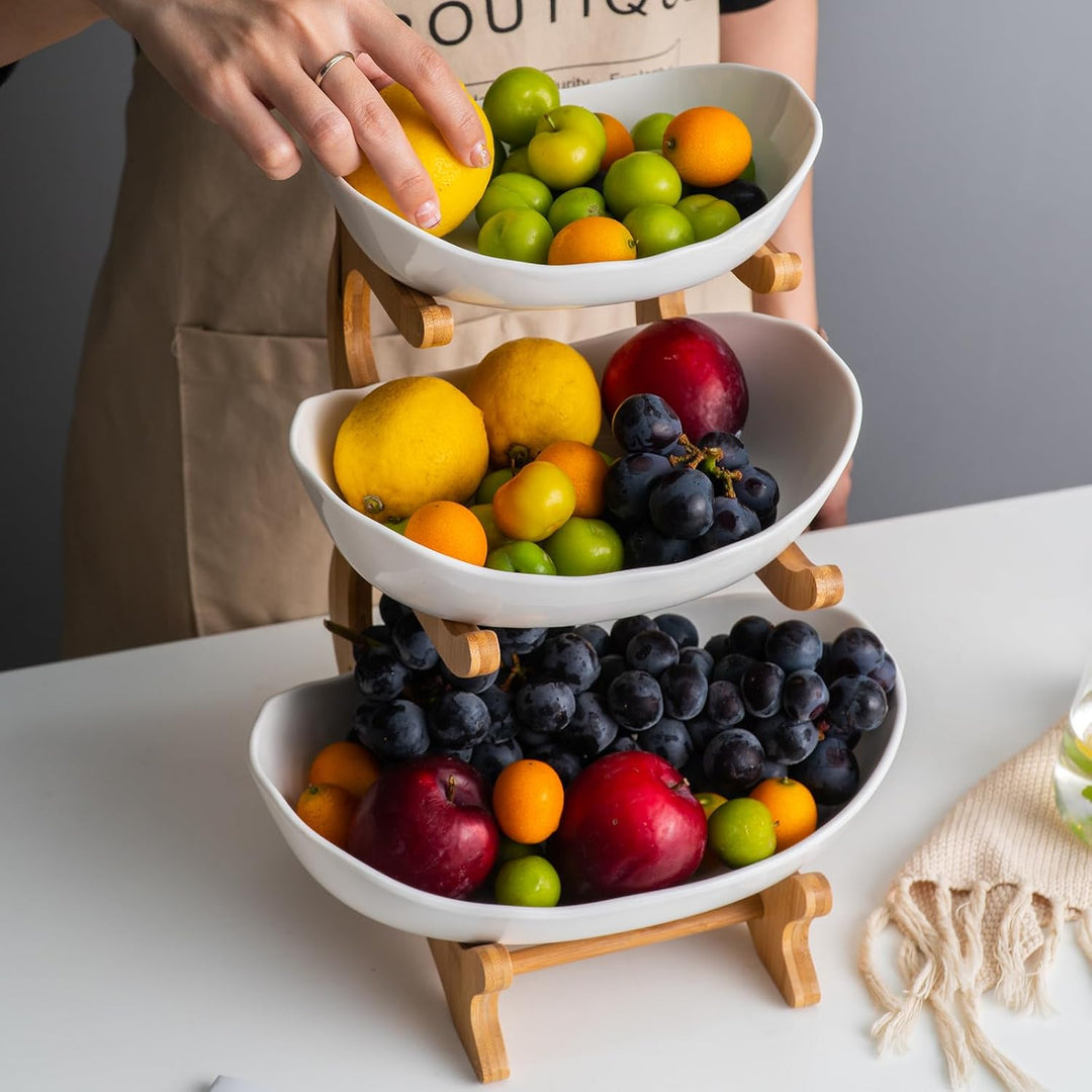 YYW 3-stöckige Keramik-Obstschale, Porzellan-Obstkorb, Obstständer, Aufbewahrungshalter mit Bambusho