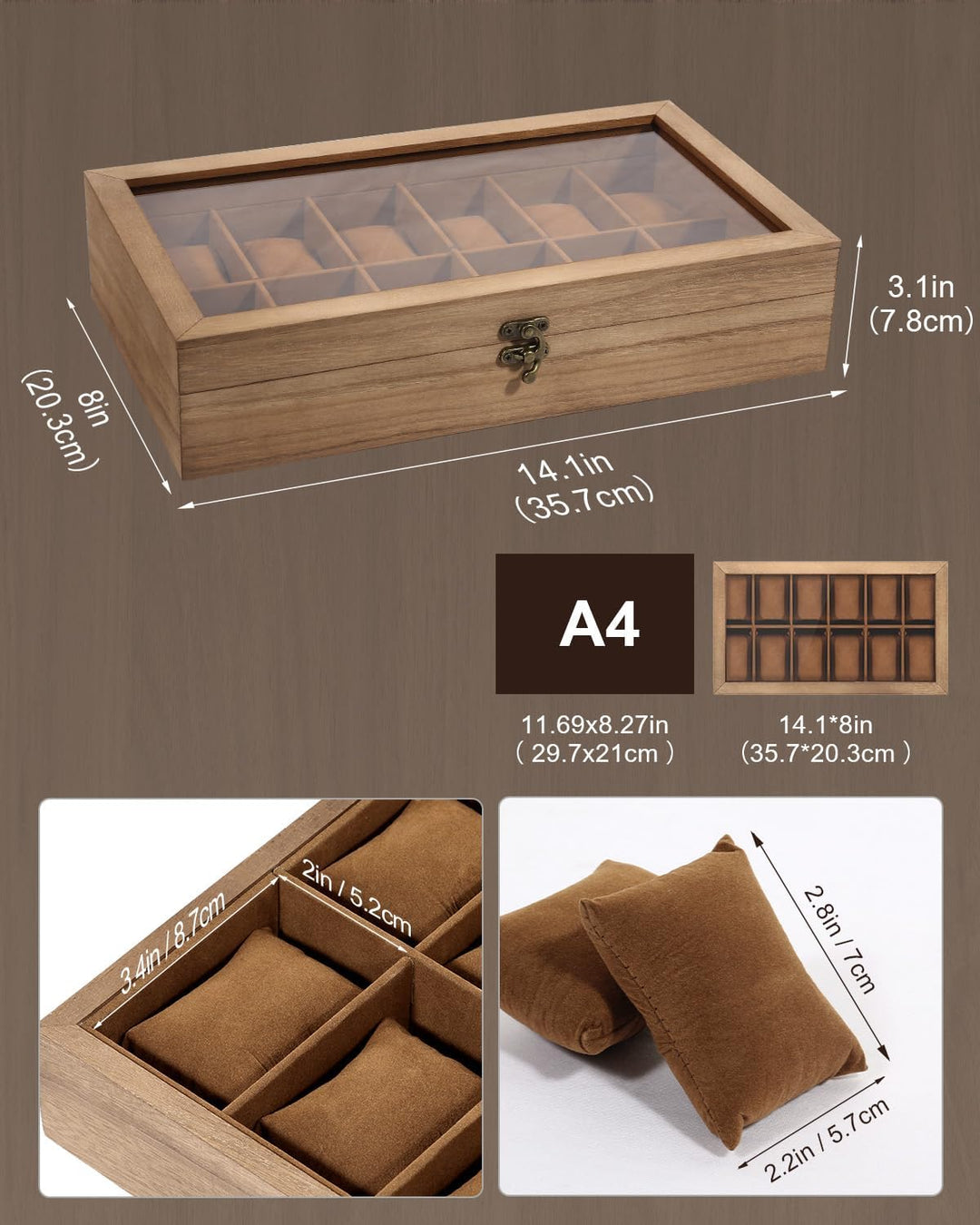 Uten Uhrenbox mit 12 Fächern, Uhrenbox aus Massivholz mit Glasabdeckung, Aufbewahrungsbox für Herren