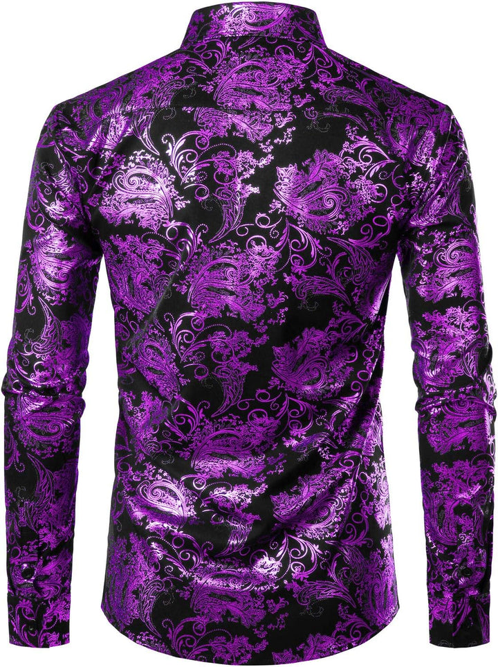 PARKLEES Herren Luxus Paisley Gemustert Golden Glänzend Slim Fit Freizeithemd L Schwarz Lila, L Schw