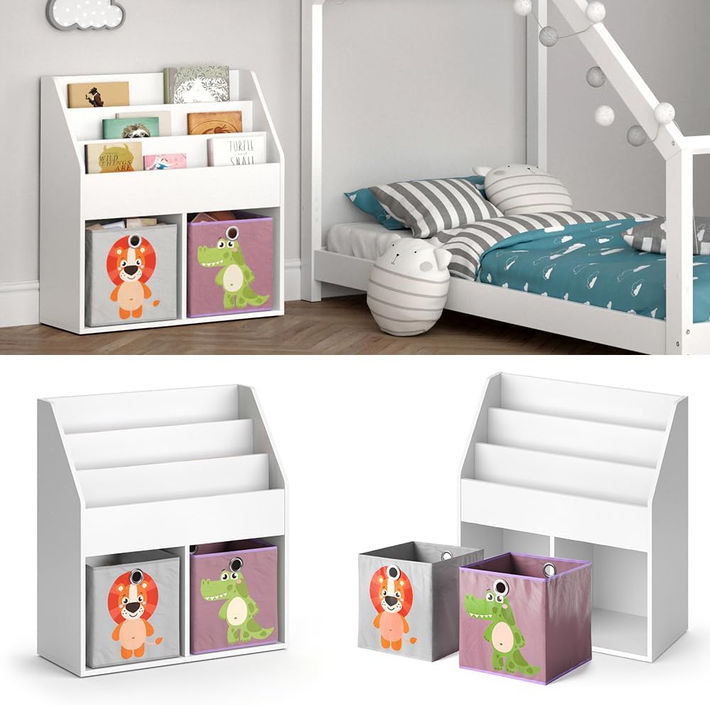 Vicco Kinderregal Luigi, Weiss, 72 x 79 cm mit 2 Faltboxen Opt.3 Weiss 72x79 mit Faltboxen Löwe/Krok