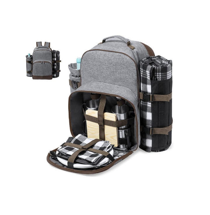 Grosser Grauer Picknick-Rucksack mit kompletten Zubehör für 4 Personen hergestellt aus recyceltem PE