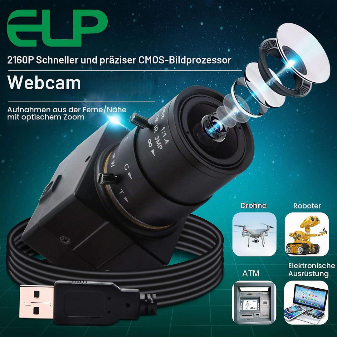 ELP 4K Webcam 30fps,Ultra HD USB Zoom Kamera mit 2.8-12mm Weitwinkel Objektiv,Mini Web Kamera für PC