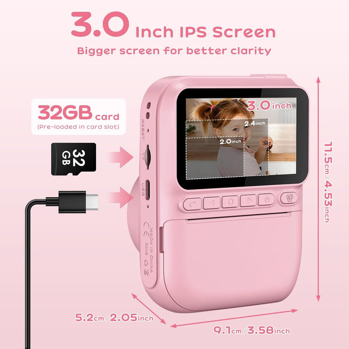 GREENKINDER Sofortbildkamera Kinder,14MP 3.0 Zoll Bildschirm Kinderkamera Sofortbildkamera mit 32G K