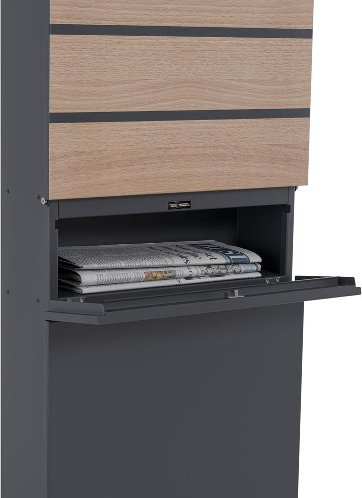 Zelsius Briefkasten mit Zeitungsfach | Postbox in Anthrazit (RAL7016) mit Holzoptik (Buche) | Standb