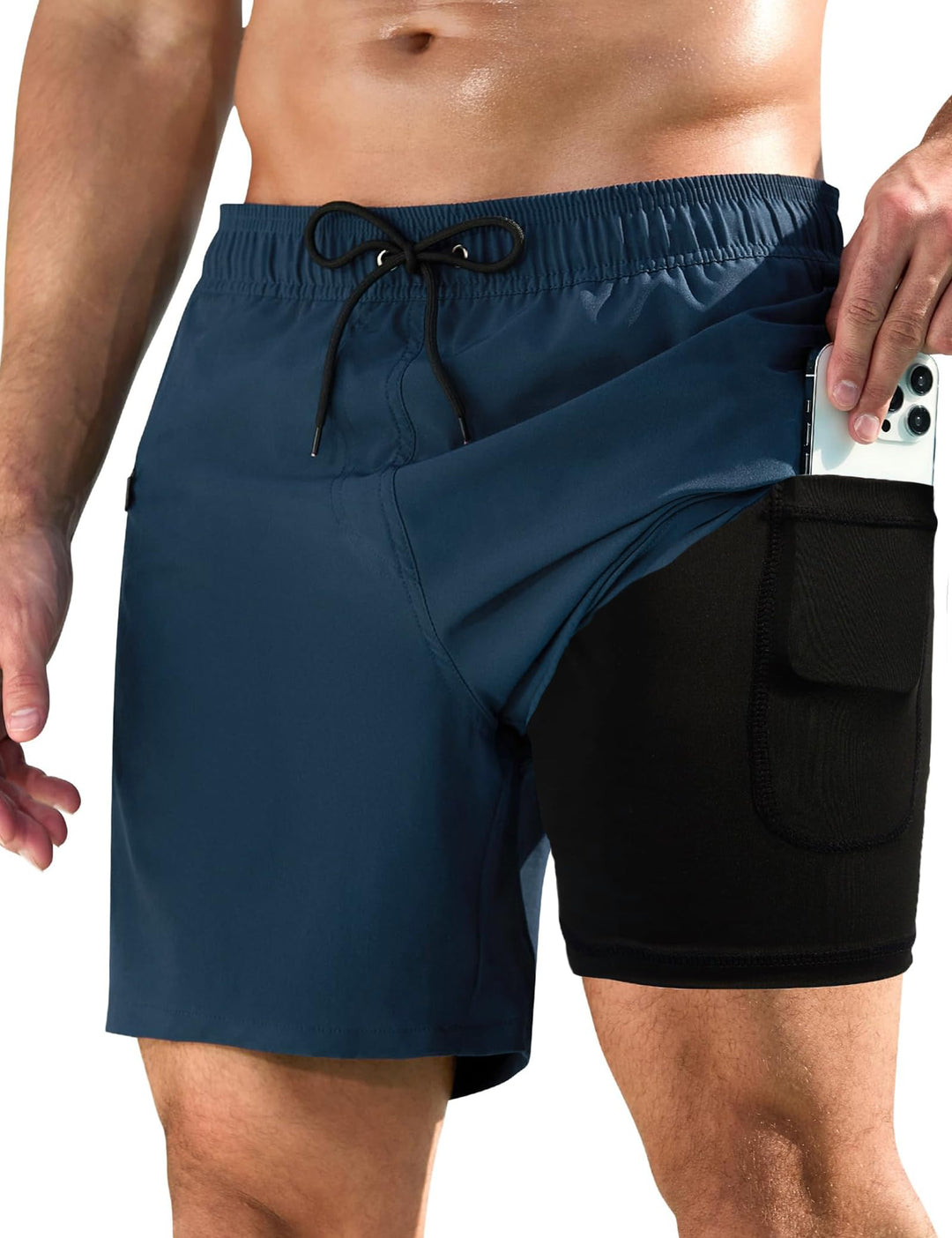 KBVOT Badehose Herren mit Kompression Liner Schnelltrocknend Badeshorts Männer Kurz Boardshorts Schw
