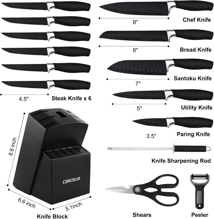 CORESLUX Messerblock mit Messer 15-teilig, Scharf Edelstahl Messerset Set mit Block, Küchenmesser Se