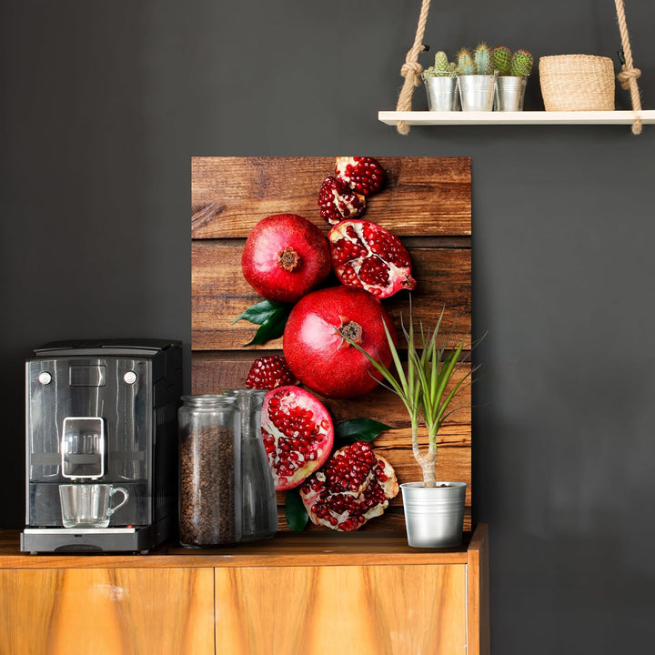 wandmotiv24 Obst & Gemüse als Leinwandbild, 60x45cm, Hochformat, Granatapfel, Holztisch, Küche, Lebe