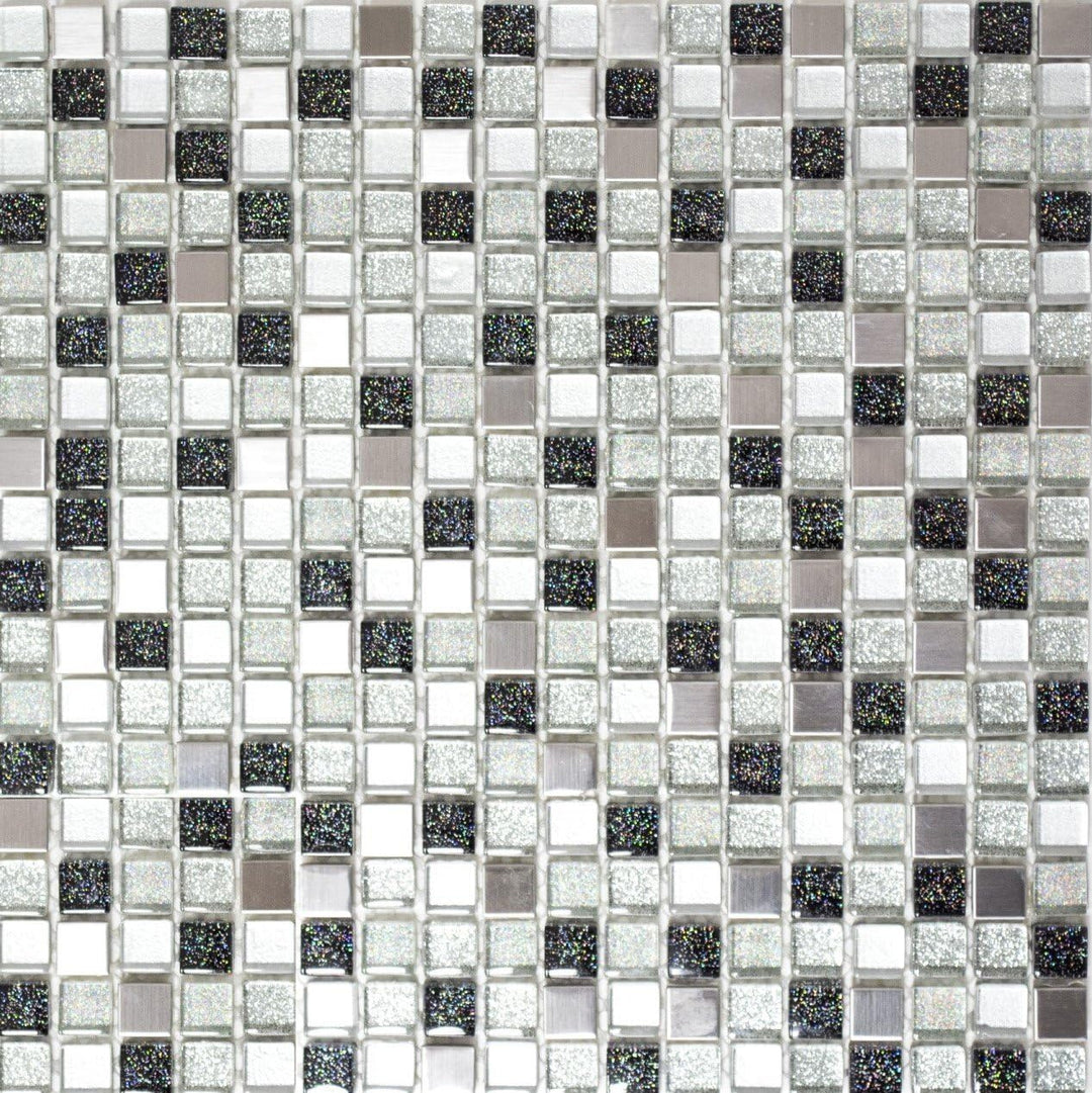 Glasmosaik Quadrat Crystal/Stahl mix silber/schwarz Transluzent Transparent 3D, Mosaikstein Format:
