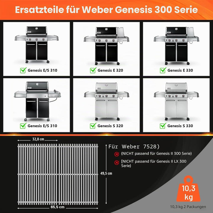 QuliMetal 49,5 x 33cm 7528 Grillrost Edelstahl für Weber Genesis E-310/320/330, S-310/320/330 (2007-