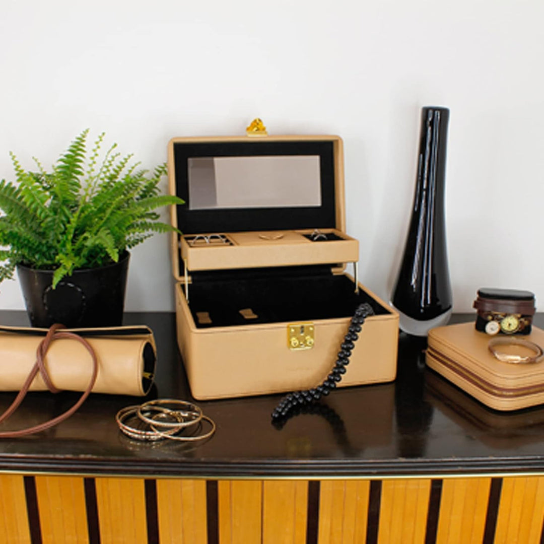 Friedrich|23, Reiseetui für Schmuck und Uhren, 15 x 16,5 x 4 cm, Feinsynthetik, Reissverschluss Beig