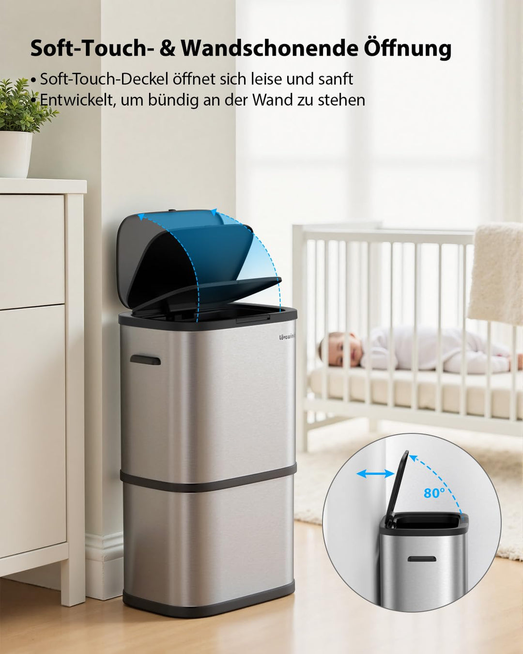 lovewind Mülleimer Küche 60L Edelstahl, Abfalleimer küche mit Deckel, Soft-Close Verschluss, Werkzeu