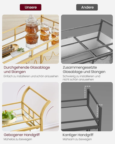 VASAGLE Servierwagen, Rollwagen, Gläserhalter, 2 verspiegelte Glasablagen, Barwagen, Weinwagen, für