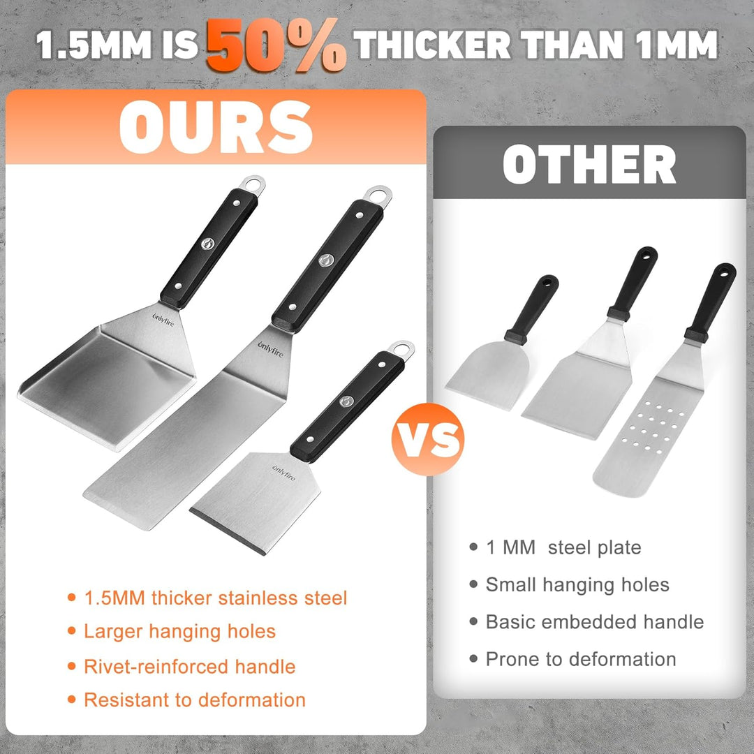 onlyfire Grillspachtel Set, Plancha Spachtel Edelstahl mit Aufhängeloch und Rutschfeste & Hitzebestä