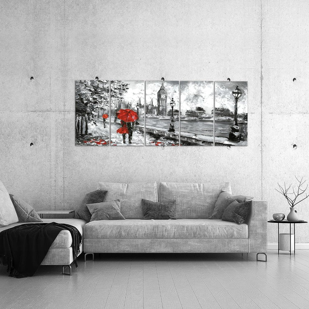 Runa Art Wandbild XXL London Wohnzimmer Schlafzimmer 200 x 80 cm Rot Grau 5 Teilig - Made in Germany