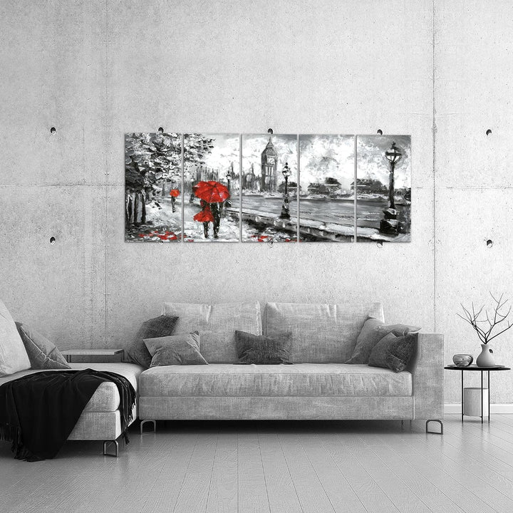 Runa Art Wandbild XXL London Wohnzimmer Schlafzimmer 200 x 80 cm Rot Grau 5 Teilig - Made in Germany